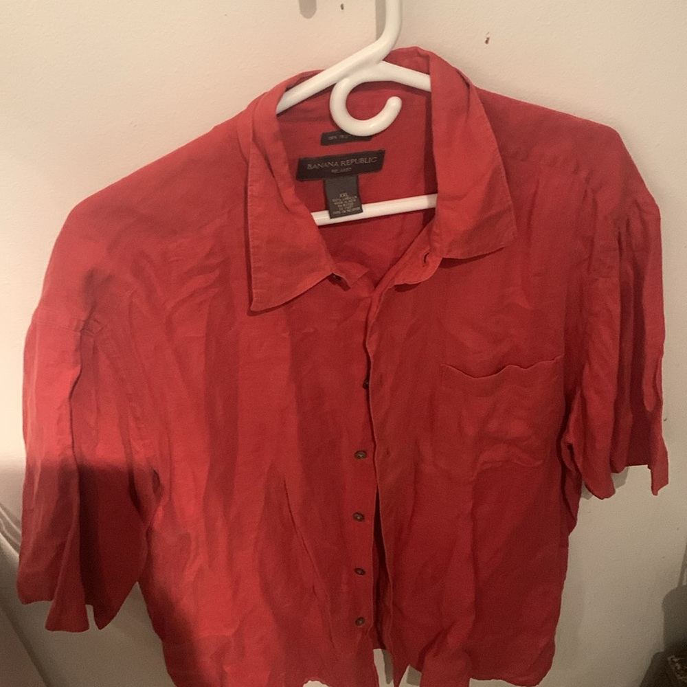 Excellent Banana Republic Coral Orange 100% Irish Linen Short Sleeve Button Up